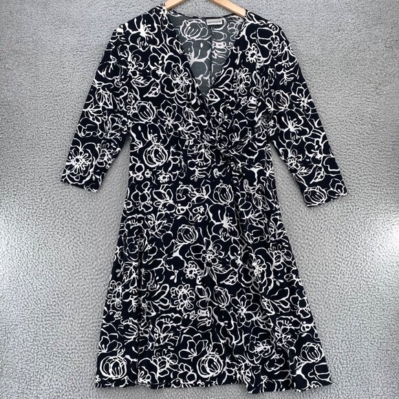 Chicos Dress Womens 2 US 12 Black Floral Deep V Knotted Neck Stretch 3/4 Sleeve - Picture 1 of 10